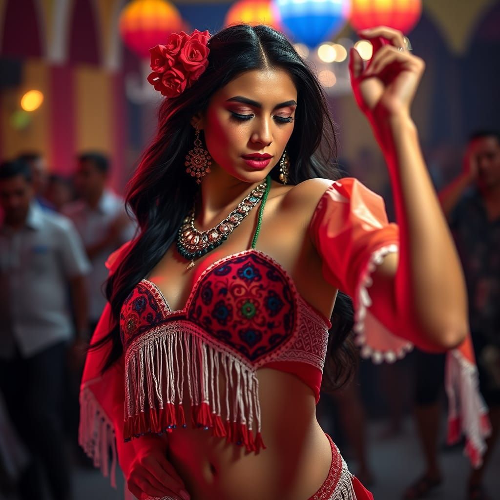 Mexican Woman Belly Dancer in Traditional Clothing