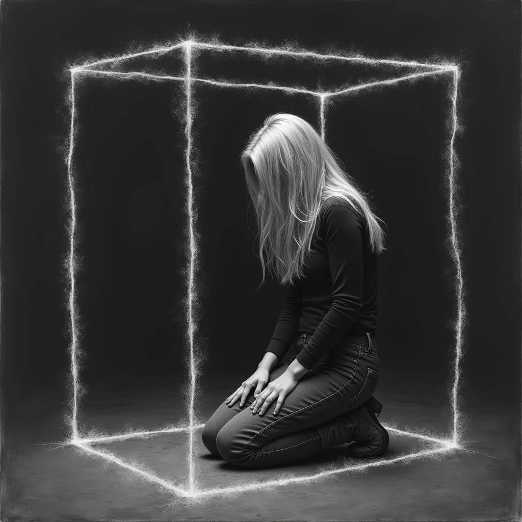 Surreal Black and White Charcoal Drawing of Trapped Woman