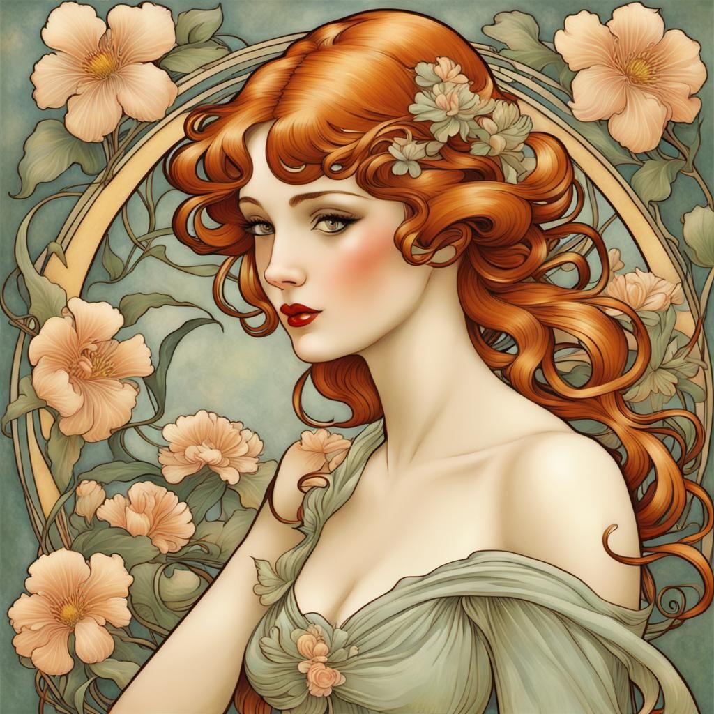 Elegant Art Nouveau Lady with Floral Design