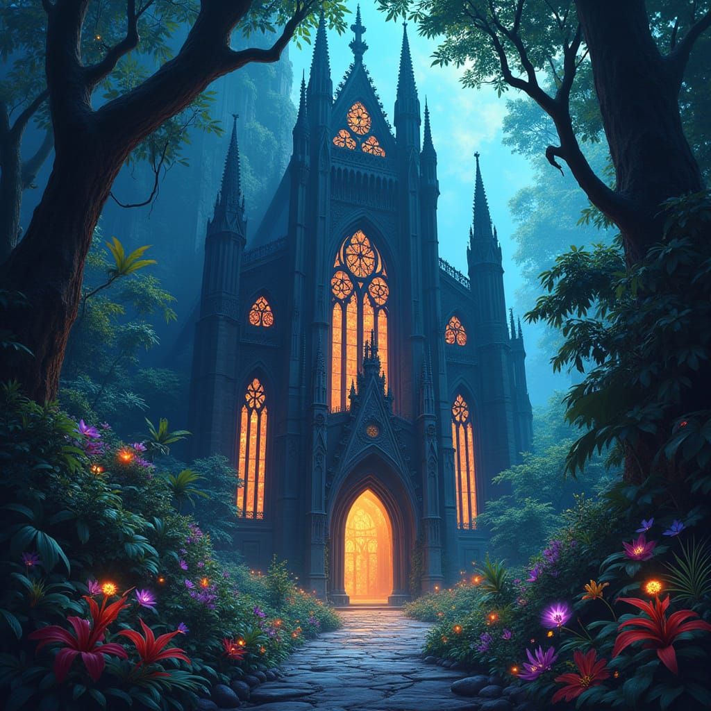 Gothic Cathedral in Bioluminescent Jungle