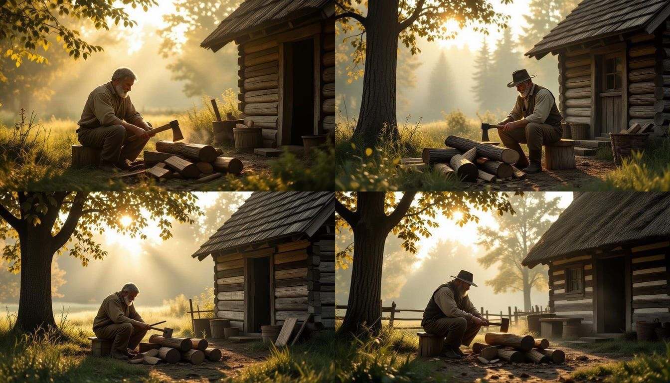 Peasant Chopping Wood in Early Sunlight, Earthy Tones