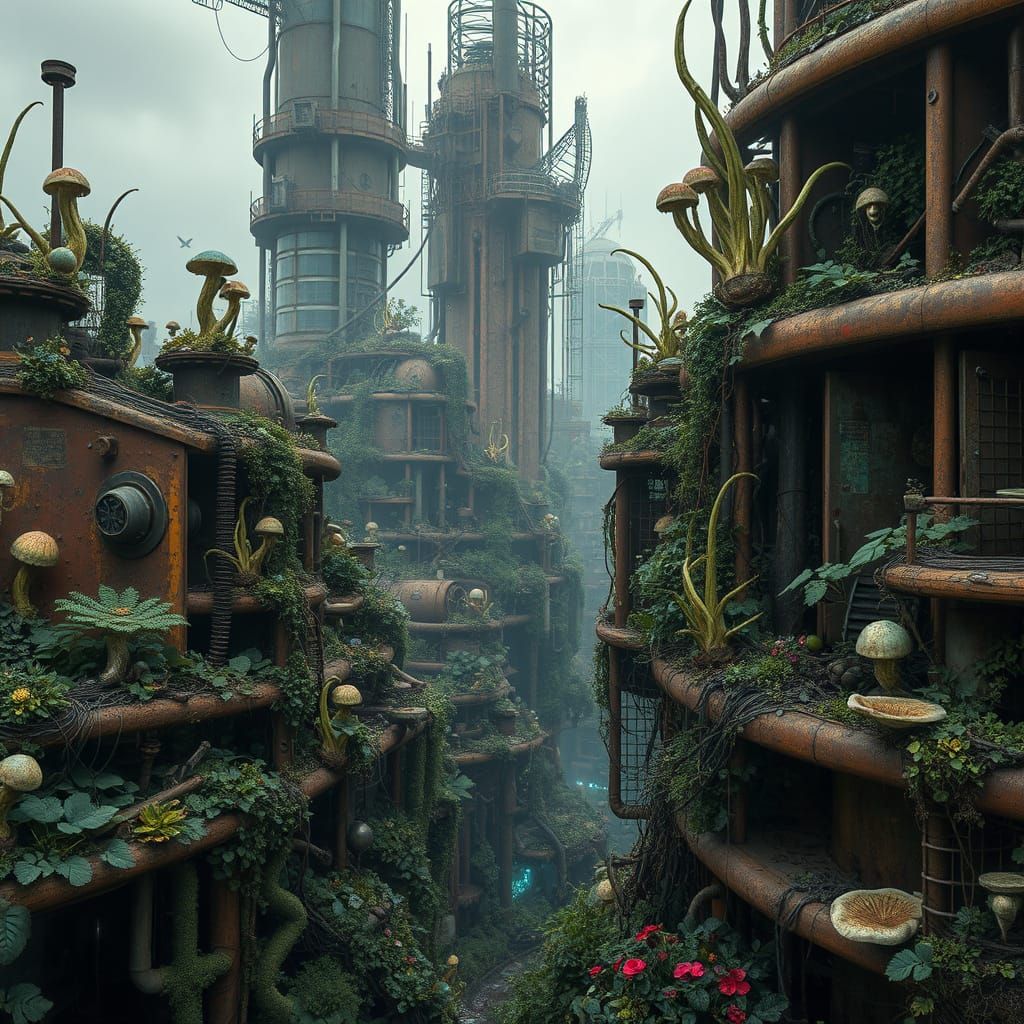 Biopunk Metropolis in Decay and Bloom