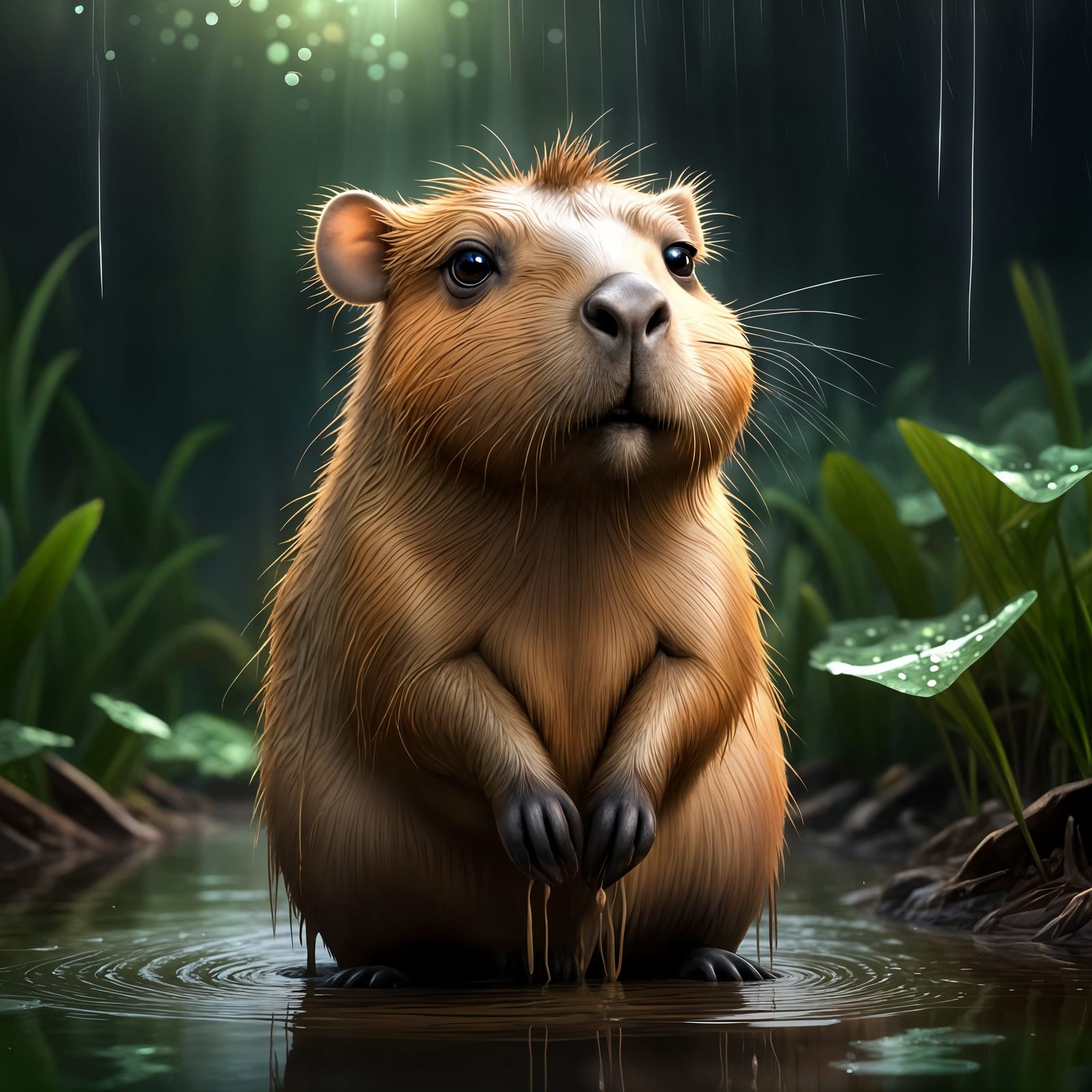 Sad Wet Capybara in Rainy Swamp: Pixar Style