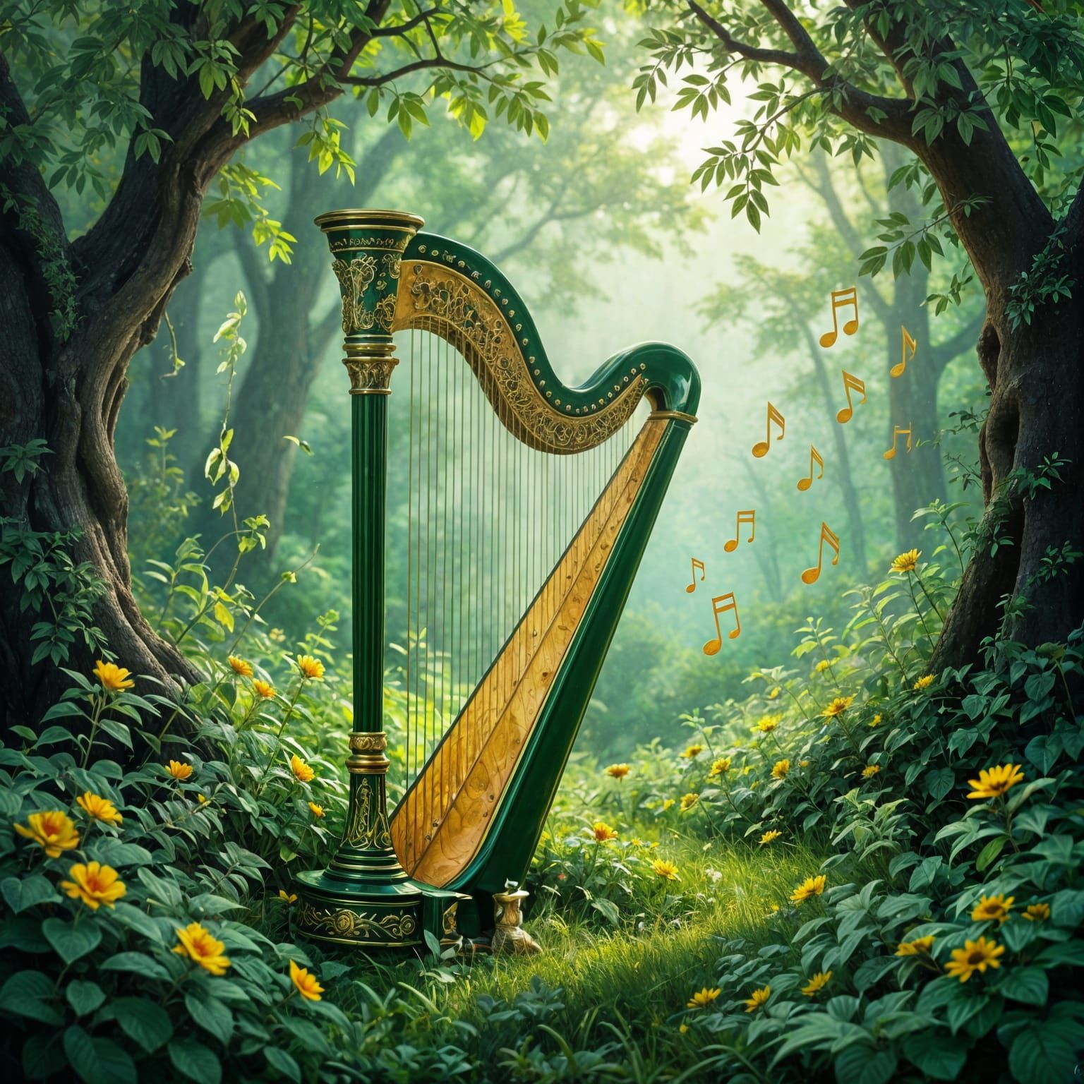 Magical Sage Green Harp in Ethereal Forest Glade