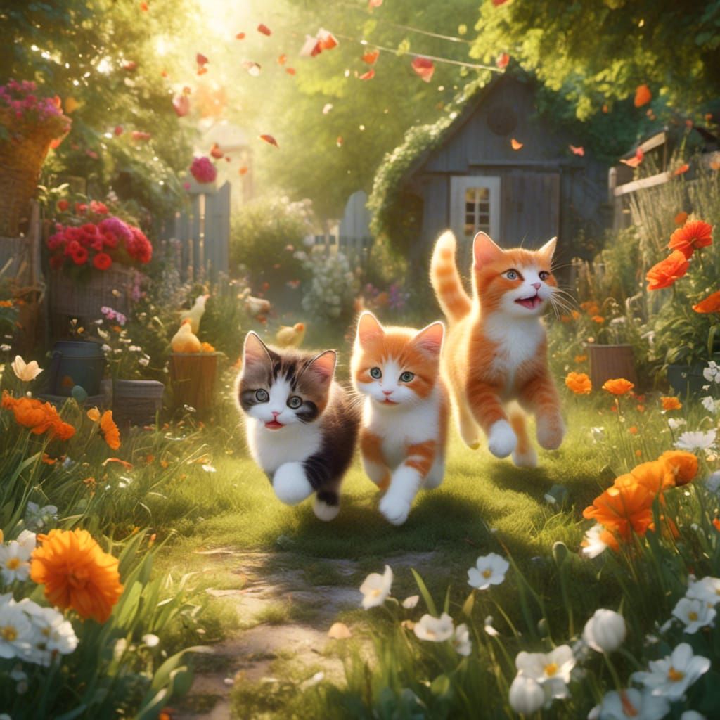 Kittens Playing Tag in Sunny Farmyard Watercolor