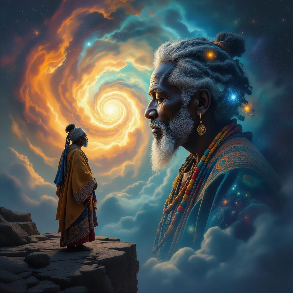 African Shaman Gazes at Cosmic Nebula