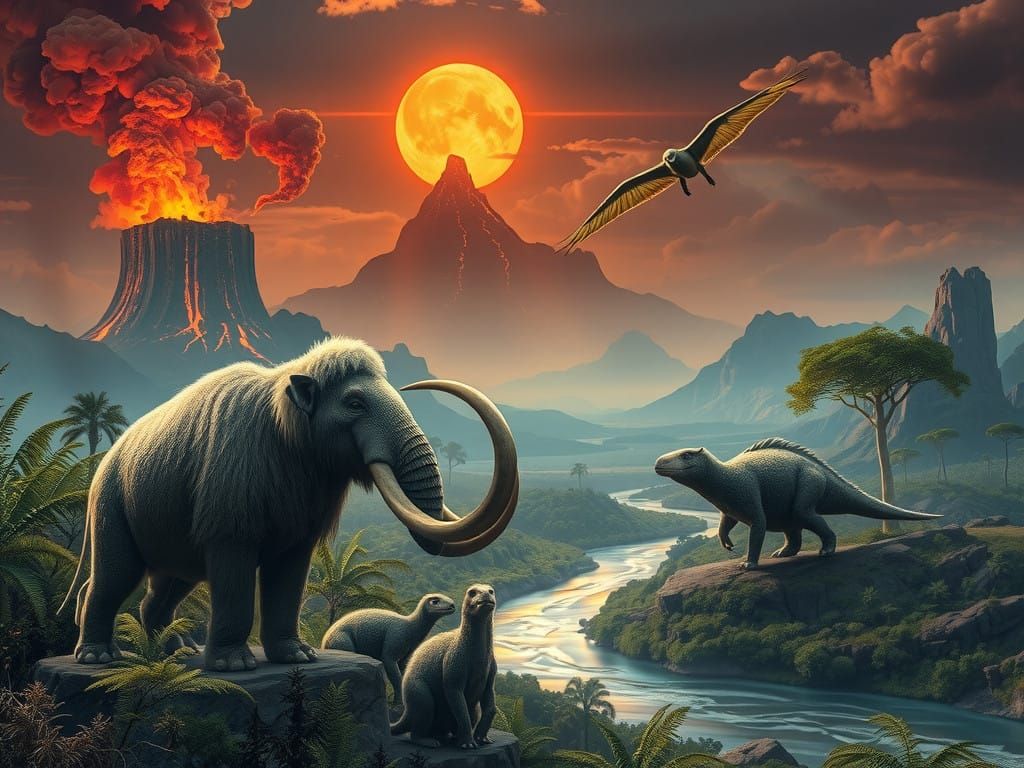 Majestic Prehistoric Beasts in a Dreamlike Ancient Landscape