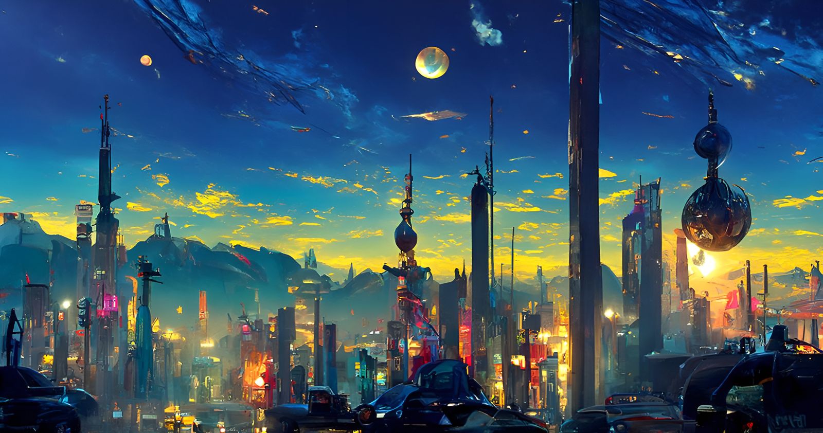 Cyberpunk City at Night with Stars and Moon