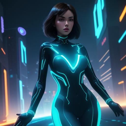 Brunette Woman in TRON style glowing bodysuit in computer themed city.  8K resolution Unreal Engine 5 body out of frame