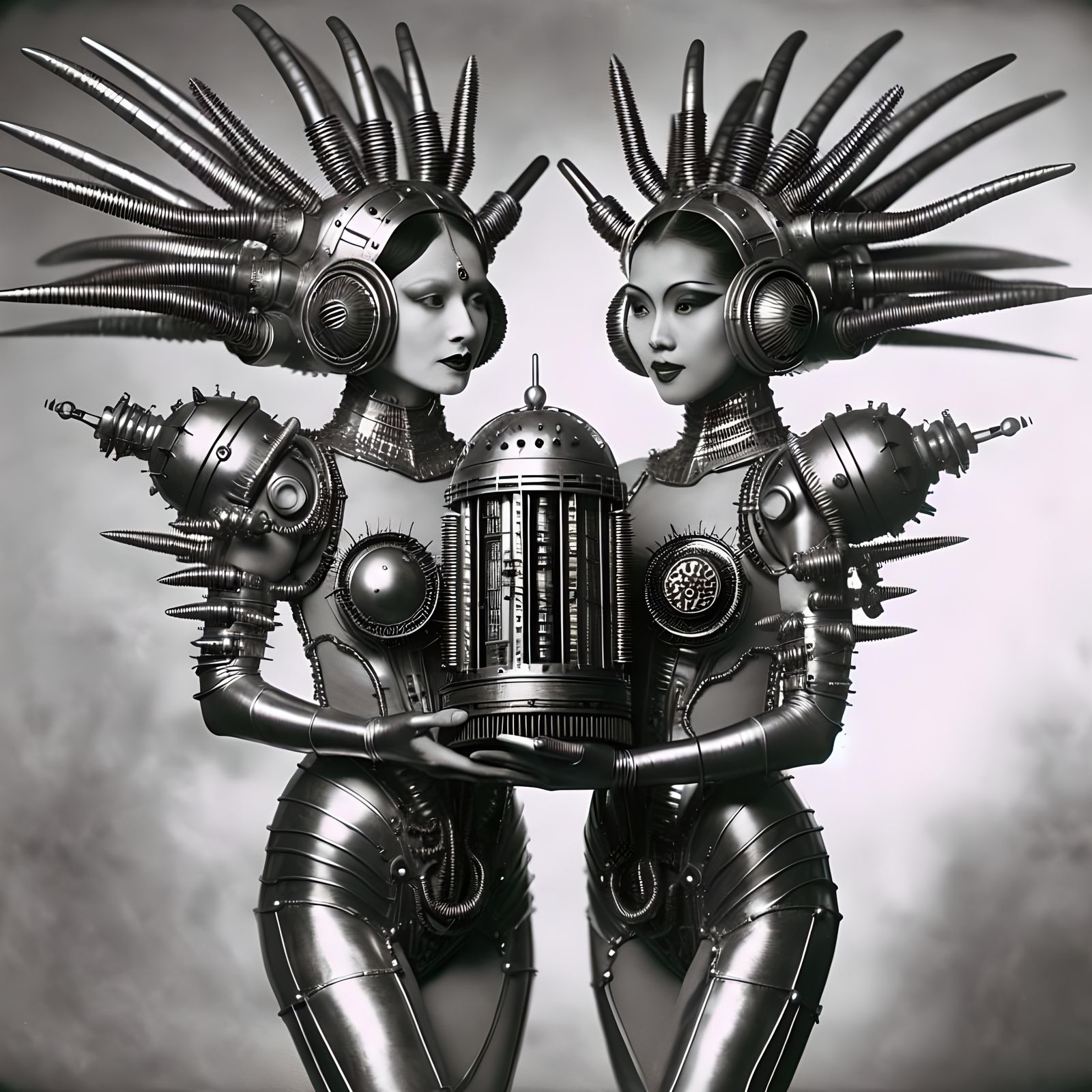 Androids Presenting Enigmatic Device in Retrofuturistic Phot...