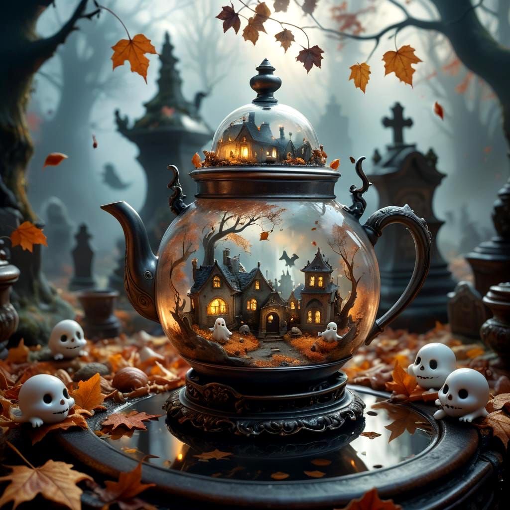 Creepy Teapot Miniature Fantasy World Digital Illustration