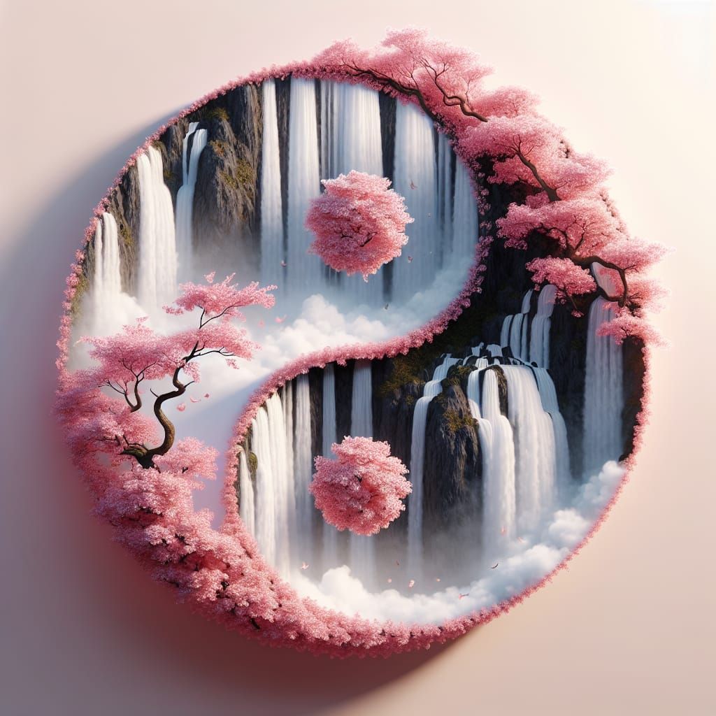 Cherry Blossom Yin Yang with Waterfalls