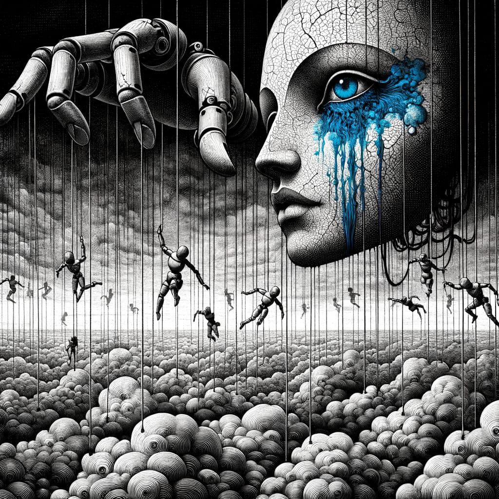 Porcelain Marionette Drifting in Ethereal Blue