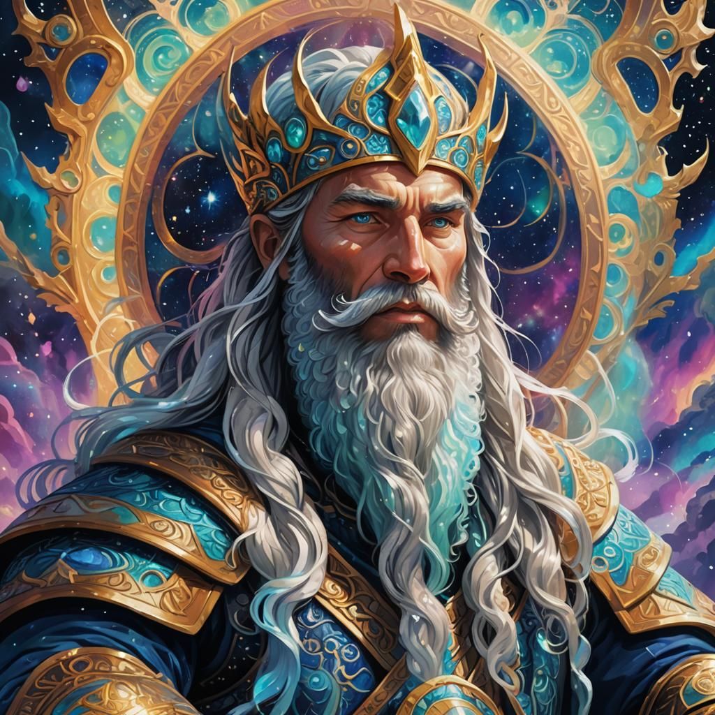 Regal Figure on Throne Amidst Aurora Borealis