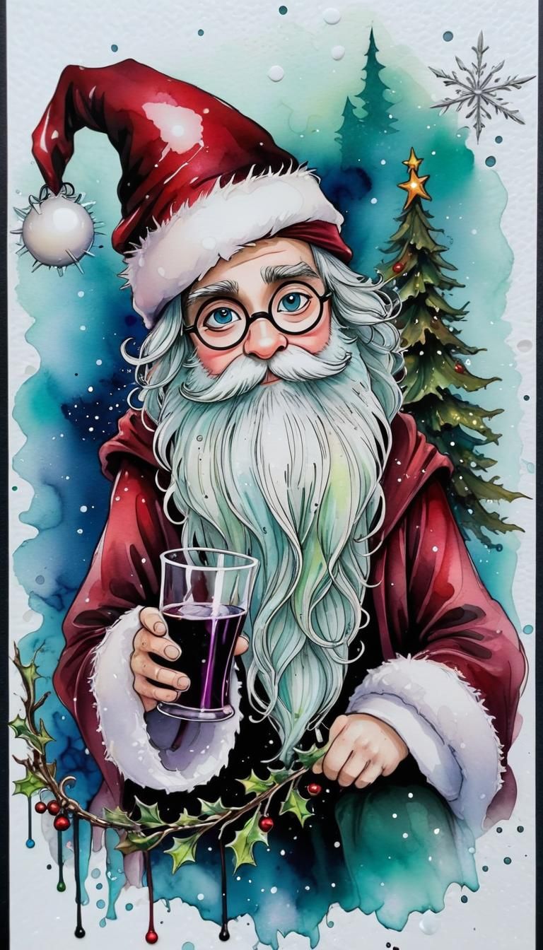 Harry Potter in Santa Hat, Alcohol Ink Christmas