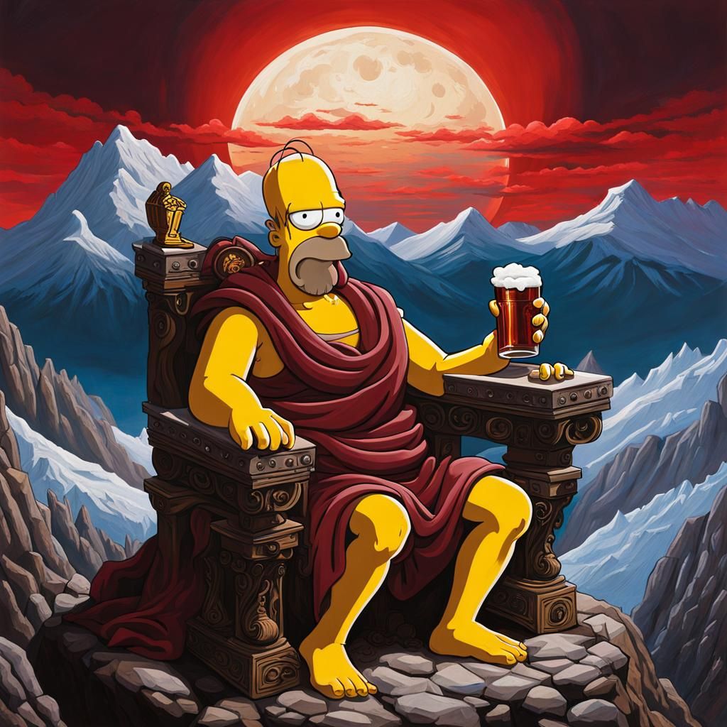 Homer Simpson on Obsidian Throne with Red Moon