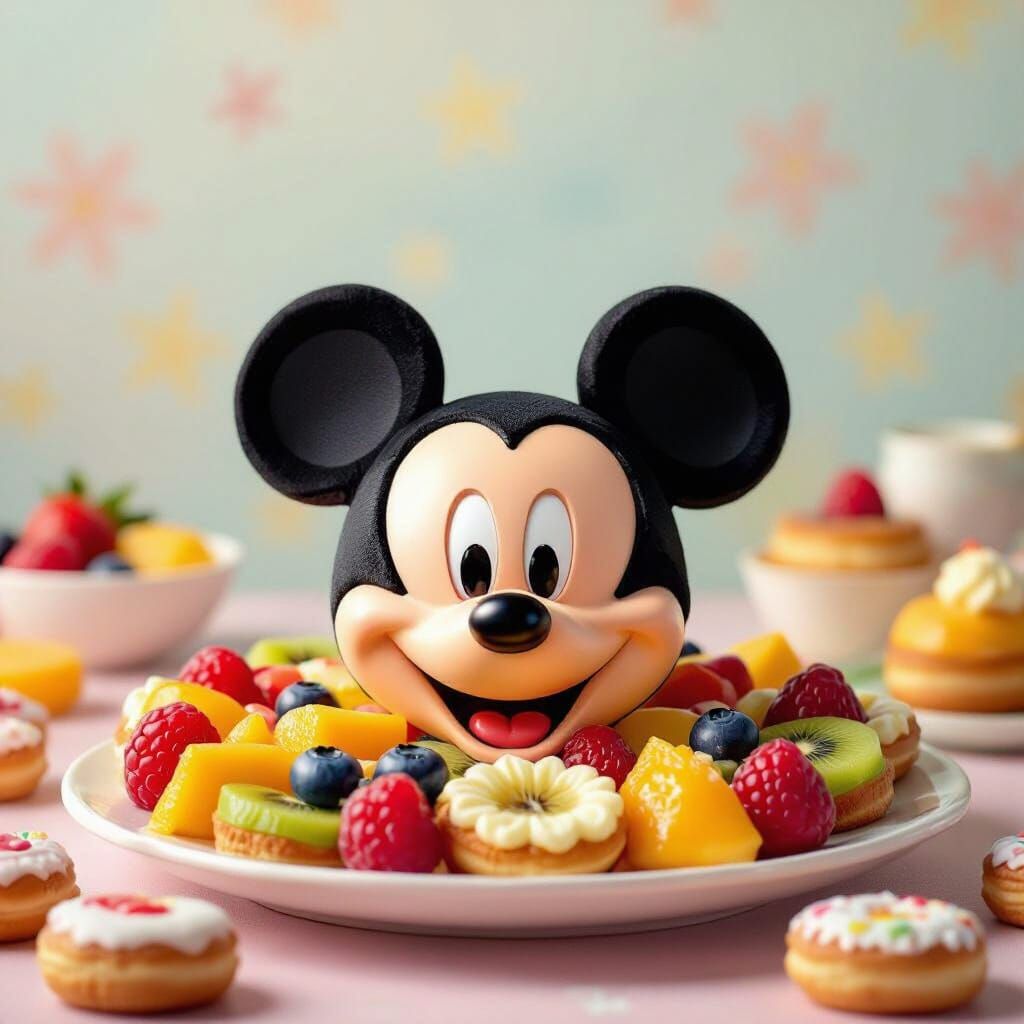 Mickey Mouse Shaped Food Arrangement In Digital Illustration...