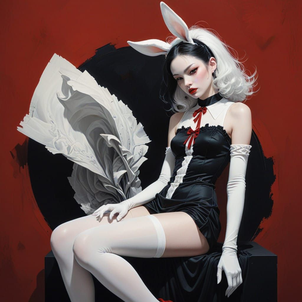 A mime girl with porcelain skin, adorned with white bunny ea...