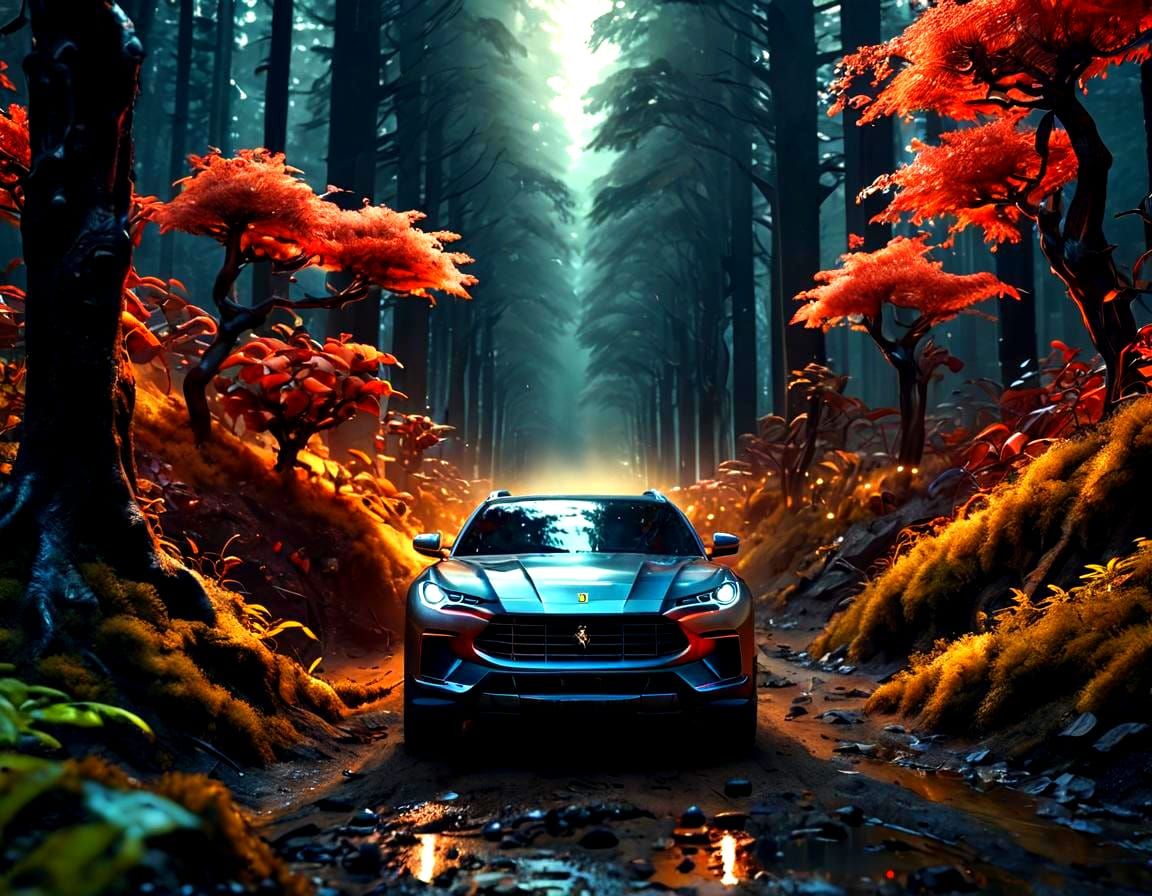 A Futuristic, High-Tech Ferrari SUV in an Imaginary, Lush Fo...