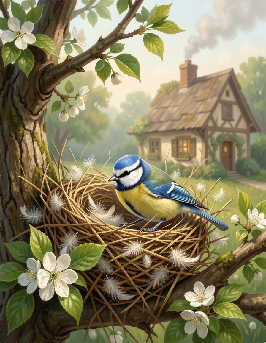 Blue Tit Building Nest Near Cottage, Fantasy Oil Painting