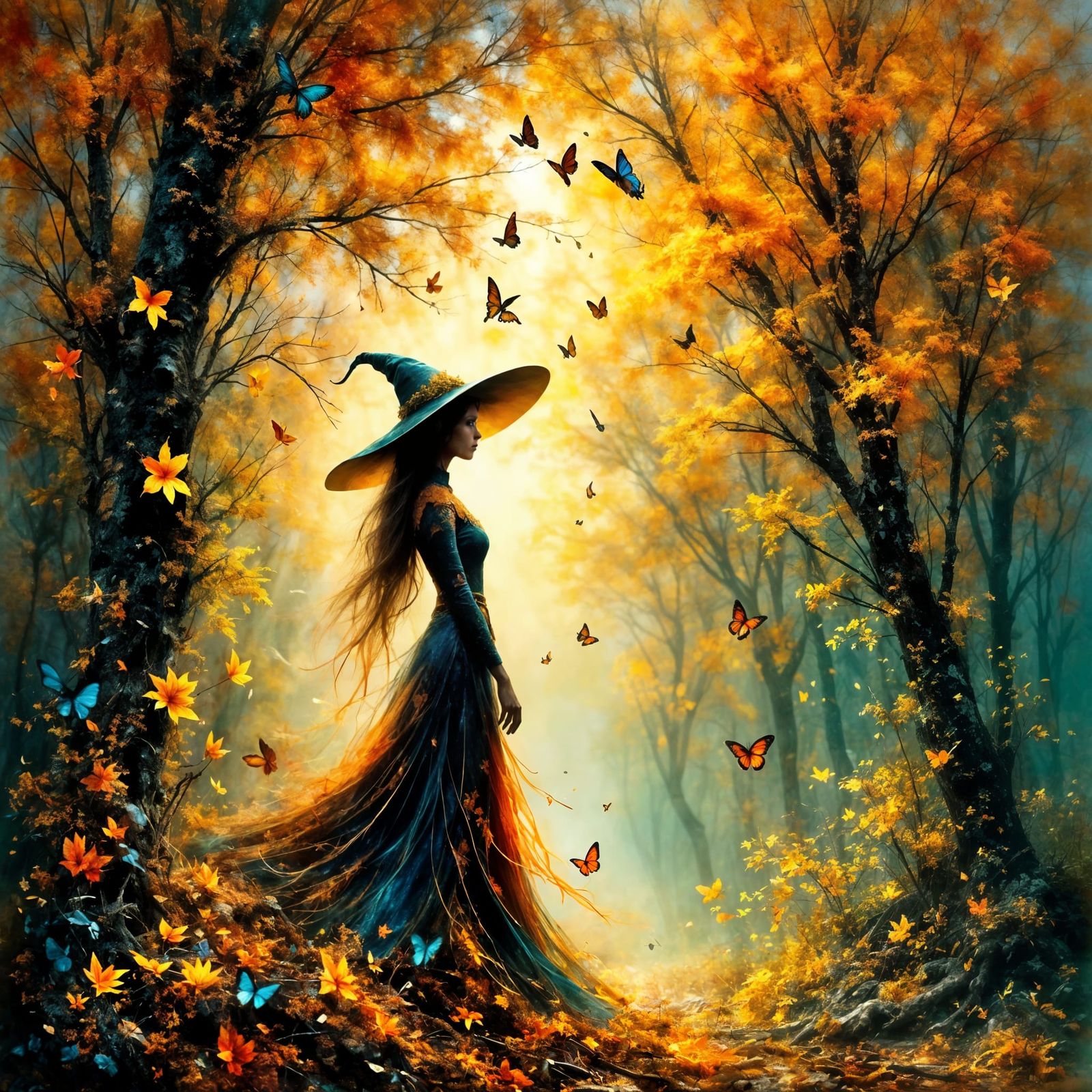 Ethereal Witch in Autumn Forest with Butterflies