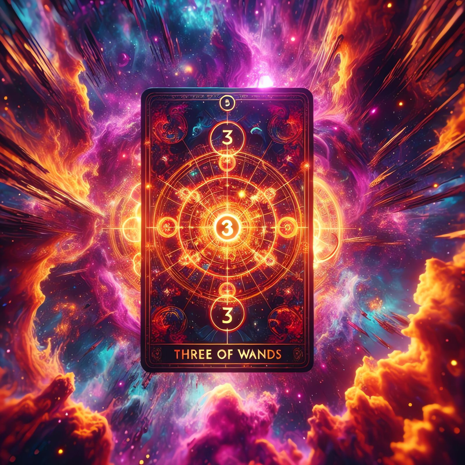 Cosmic Three of Wands Tarot Card Art