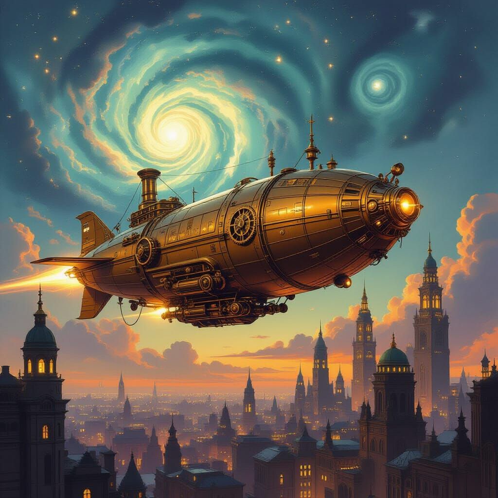 Steampunk Airship Over Art Nouveau City in Nebula Sky