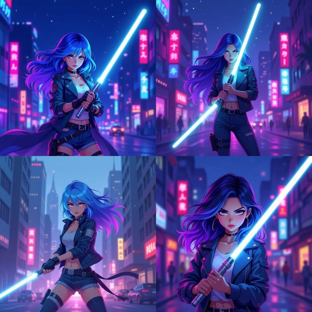 Jedi Warrior with Blue Hair in Cityscape, Anime Style