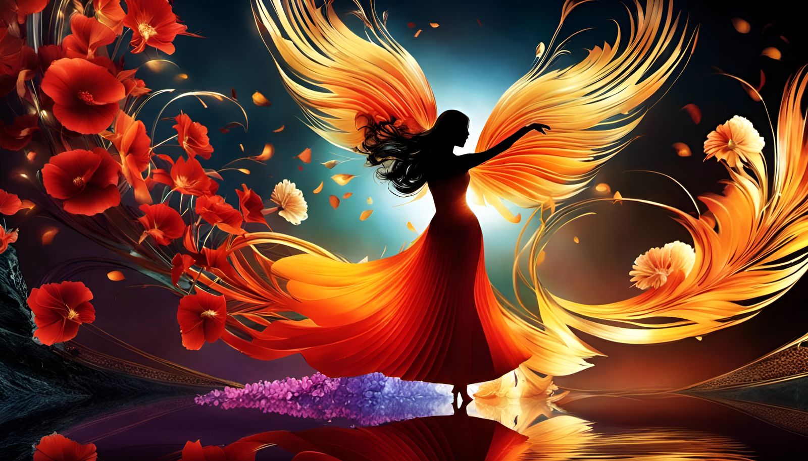 Fiery Dance with Shattered Ice and Flowers