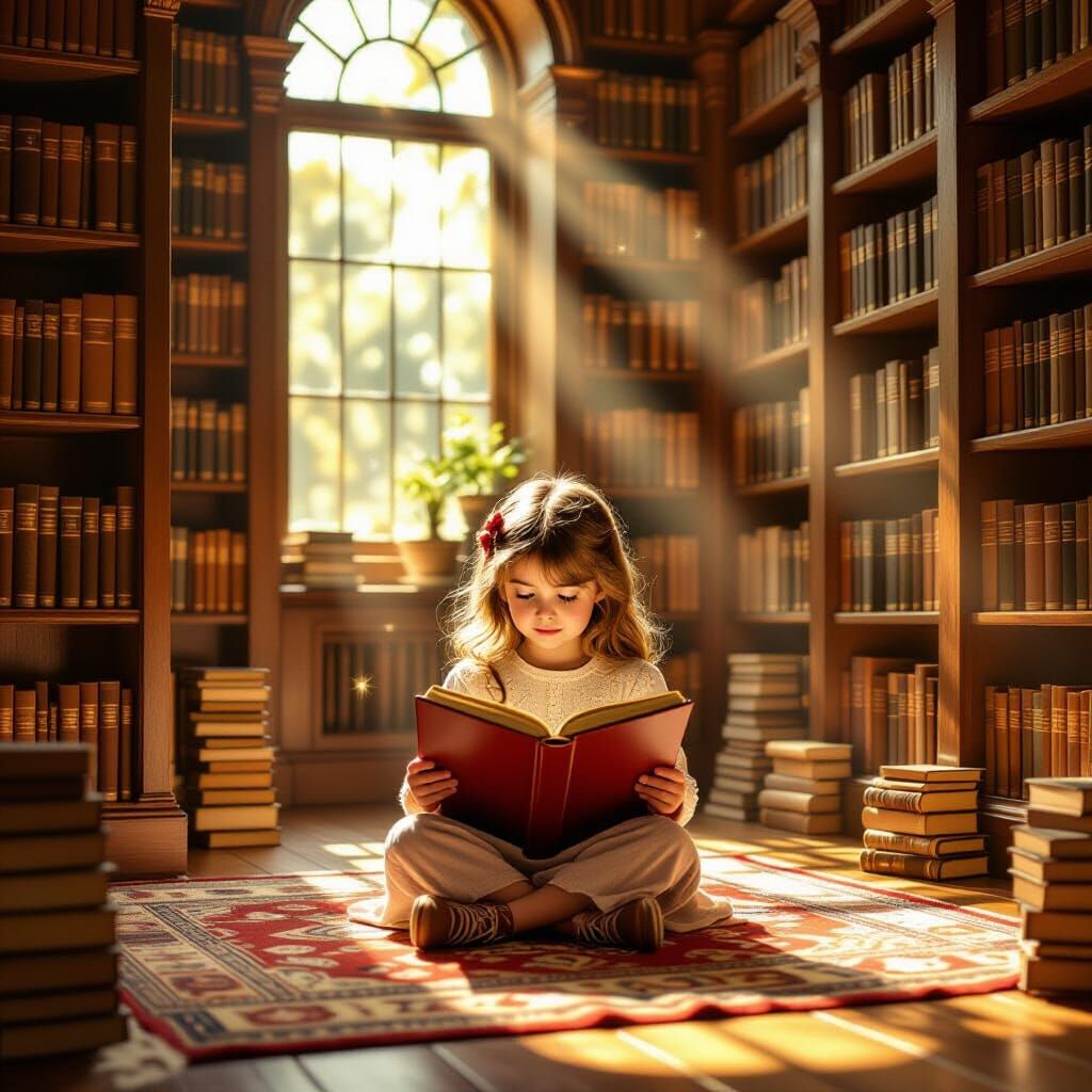 Cozy Library Scene: Girl Reads in Sunlit Room