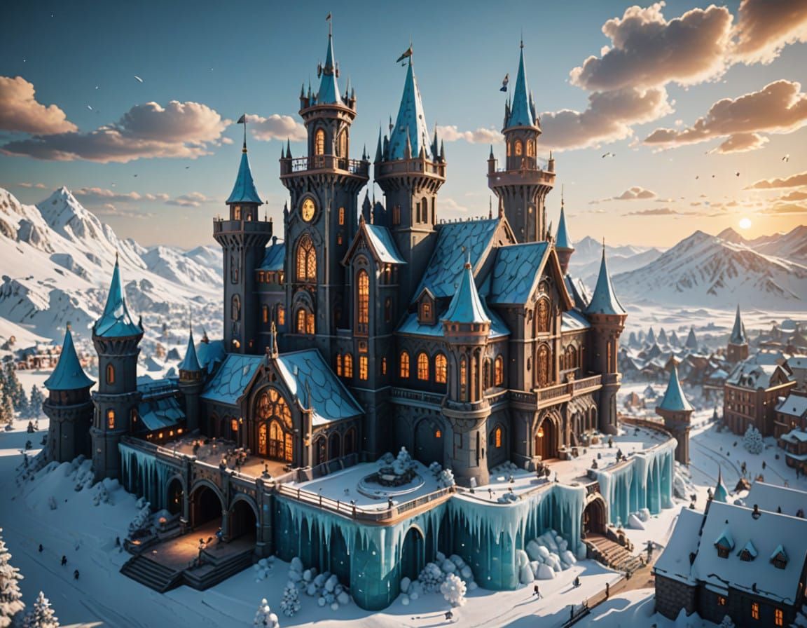 Ethereal Steampunk Ice Palace in Whimsical Winter Wonderland
