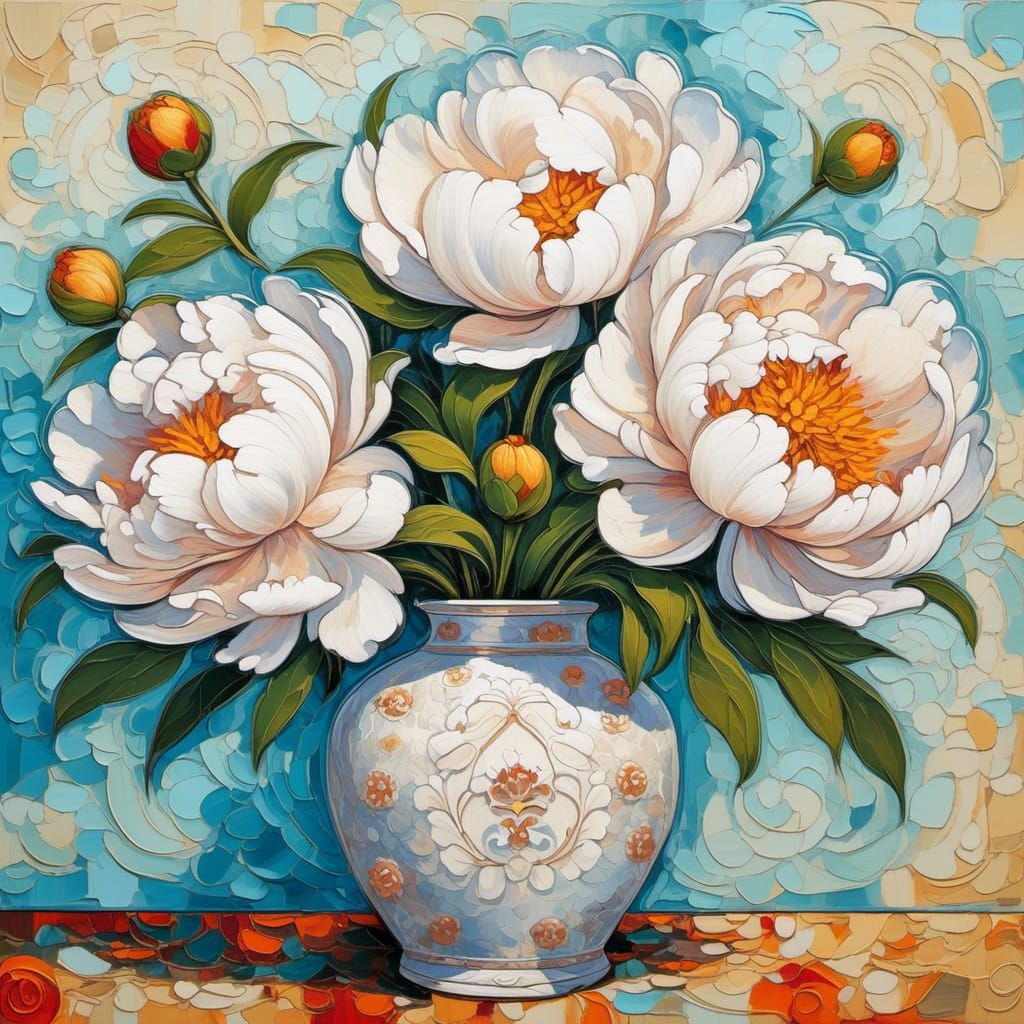 Minimalist Peonies in Vase, Surreal Impasto Painting