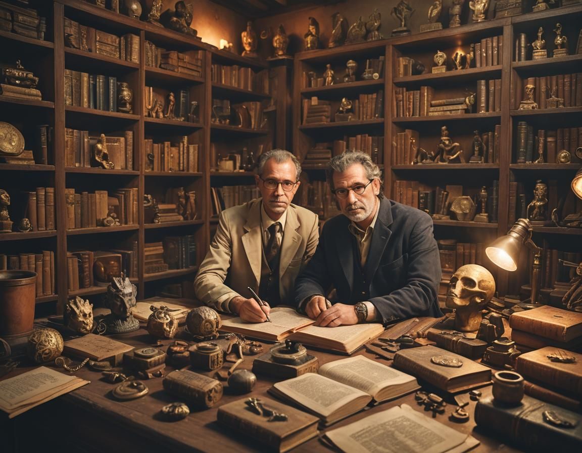 Egyptologist's Desk with Mystical Relics in Golden Hour