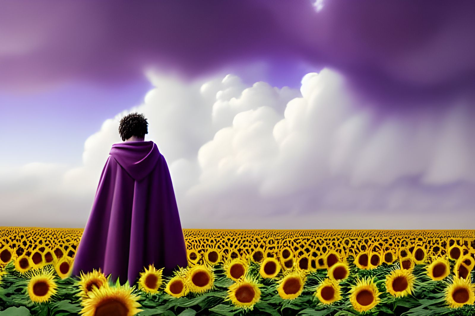 Man in Purple Cloak Among Sunflowers