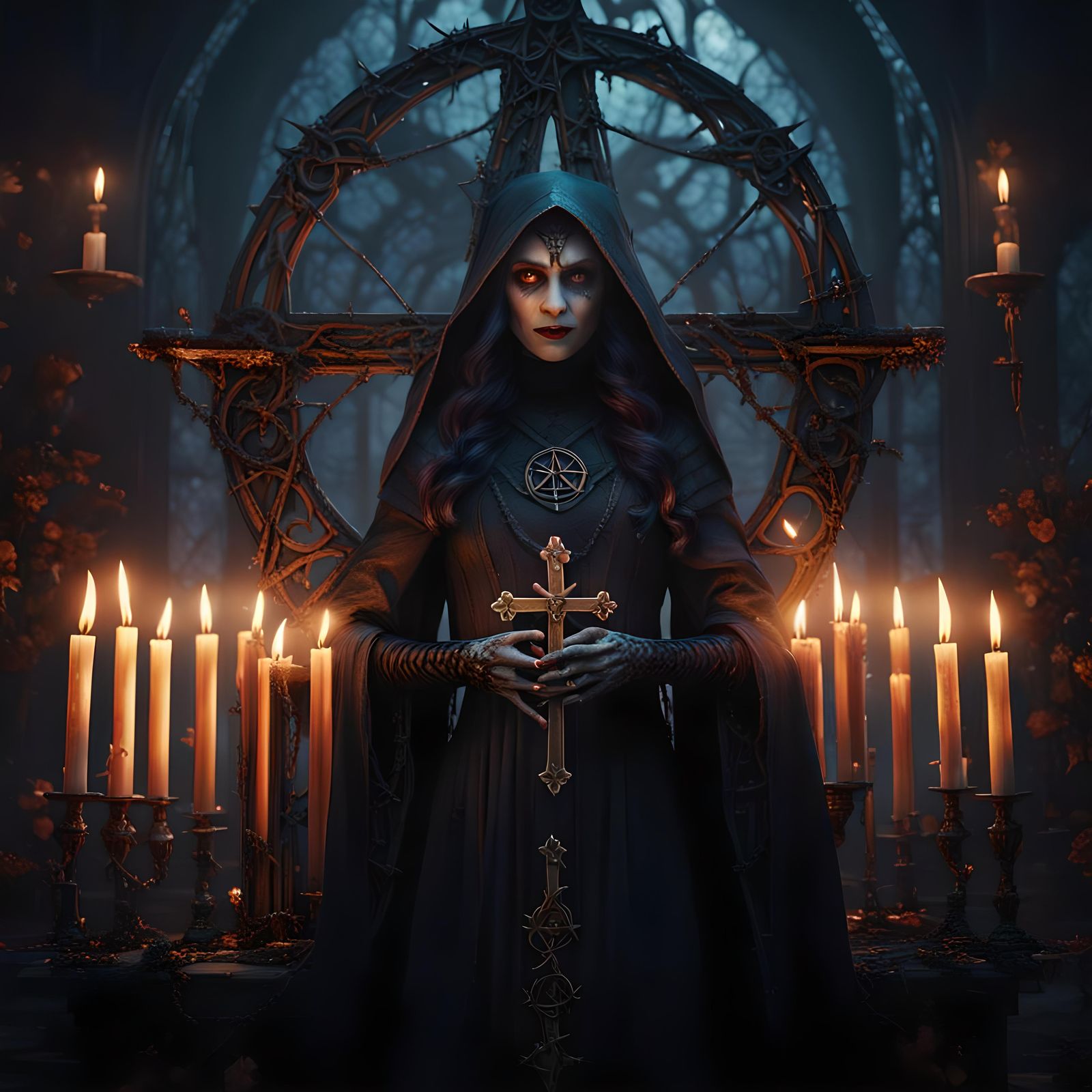Dark Witch in Pentagram: Detailed Matte Painting