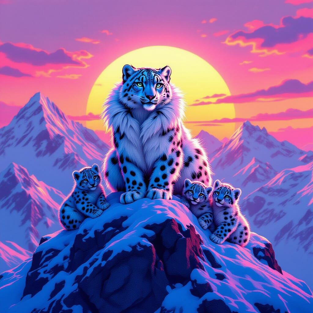 Snow Leopard Family on Snowy Mountain, Synthwave Style