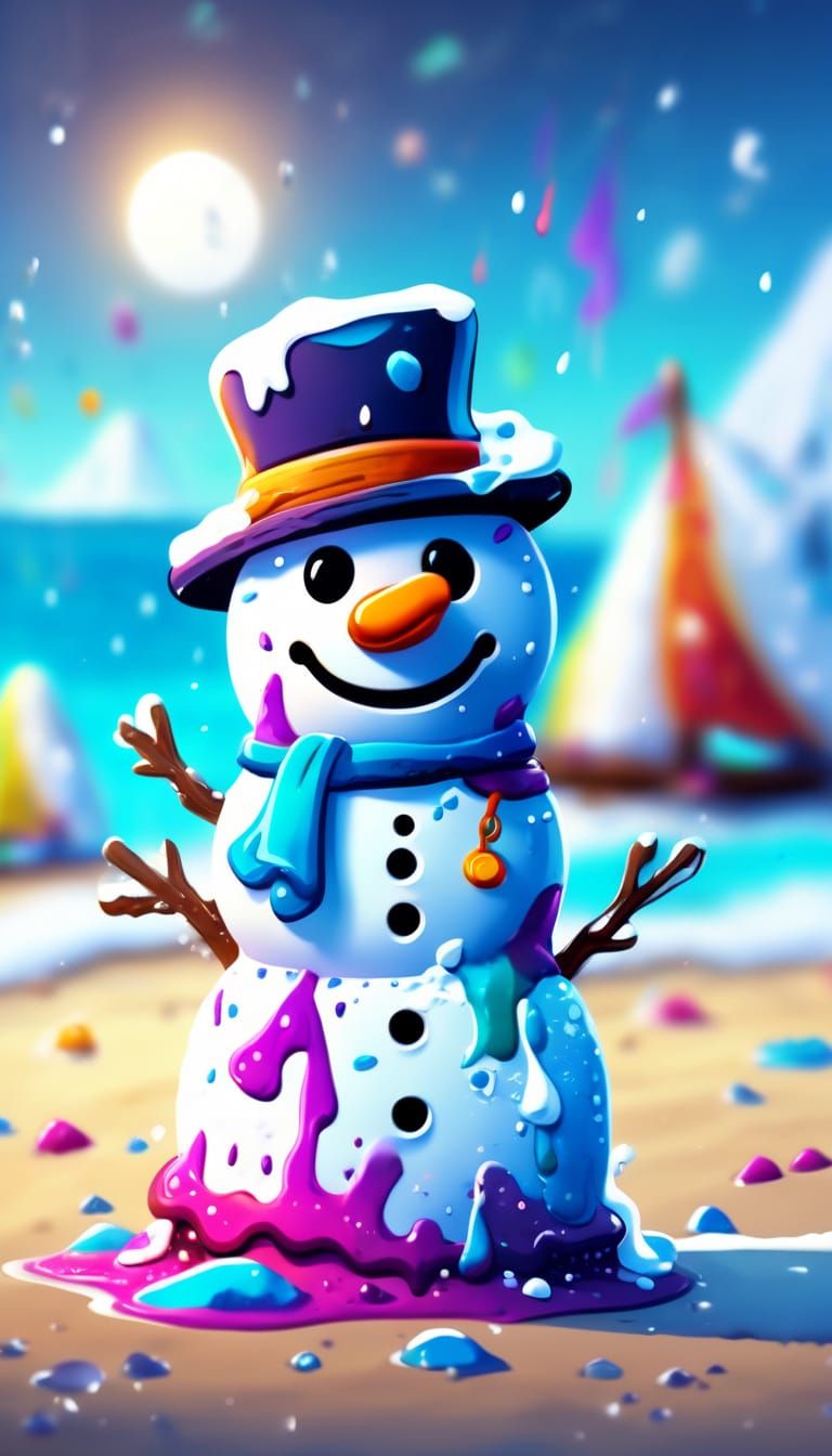 Chibi Melting Snowman on Beach in Vibrant Colors