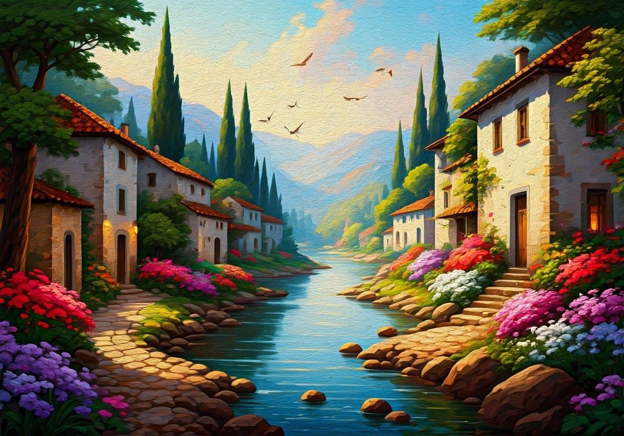 Create an oil painting of a picturesque town, houses, villag...