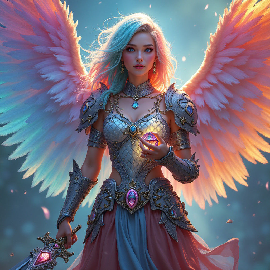 long rainbow hair woman paladin, holding a light sword and cube, with 3 pairs of wings, feathers