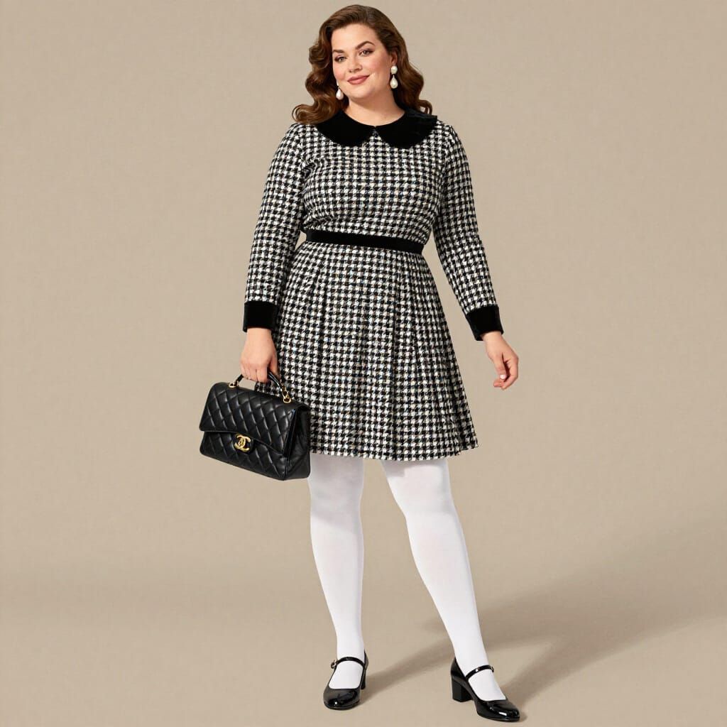 Fashion Illustration: Elegant Plus-Size Woman in Houndstooth...