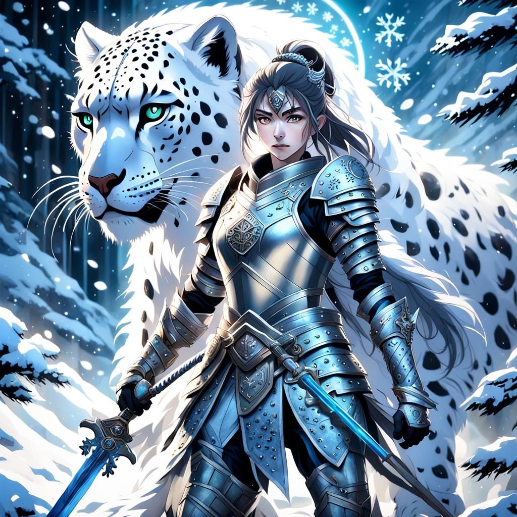 Anime Woman Warrior and Spirit Snow Leopard in 3D