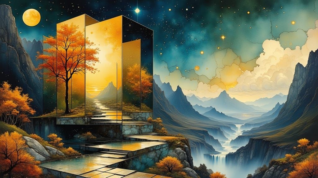 Surreal Floating Cube Frames Autumn Landscape Under Starry N...
