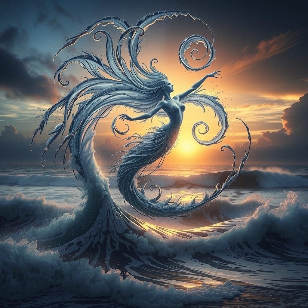 A large frothy wave erupts from depths of the ocean and merges into a beautiful water nymph with extremely long flowing ...