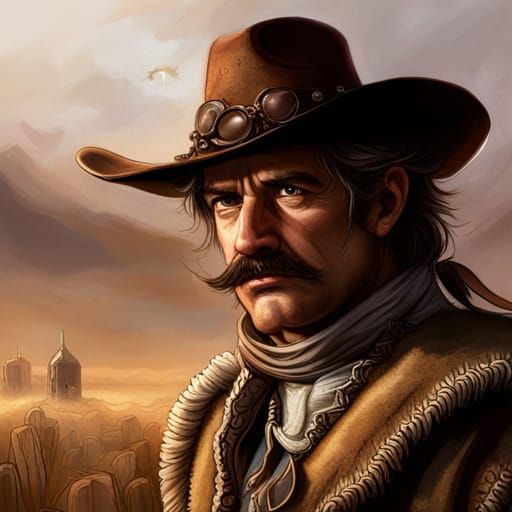 Cowboy with Bushy Mustache, Dark Fantasy Concept Art