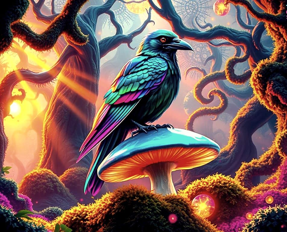 Vibrant Crow Soars in Kaleidoscopic Mossy Forest