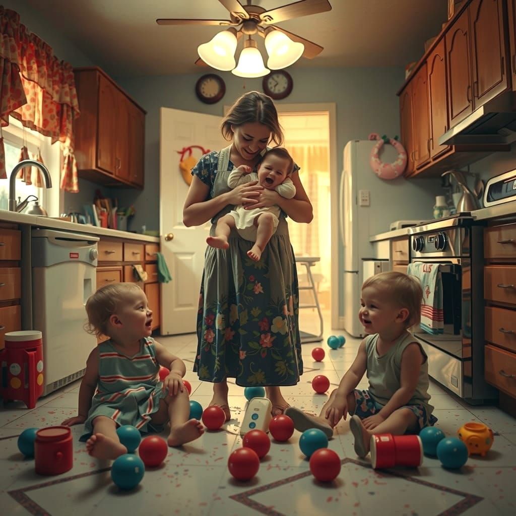 Overwhelmed 1970s Mother in Chaos