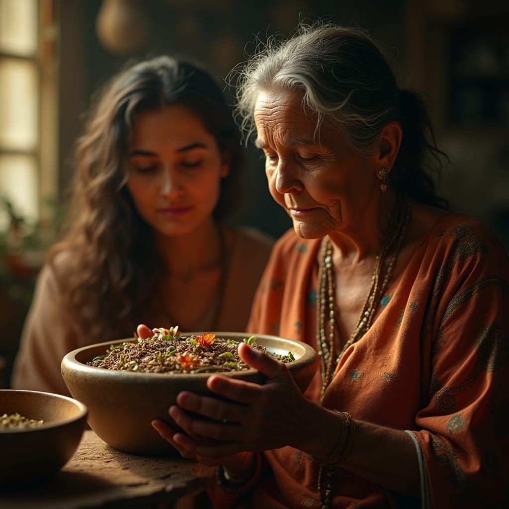 Warm Latin Abuela Heals with Medicinal Herbs in a Serene, My...