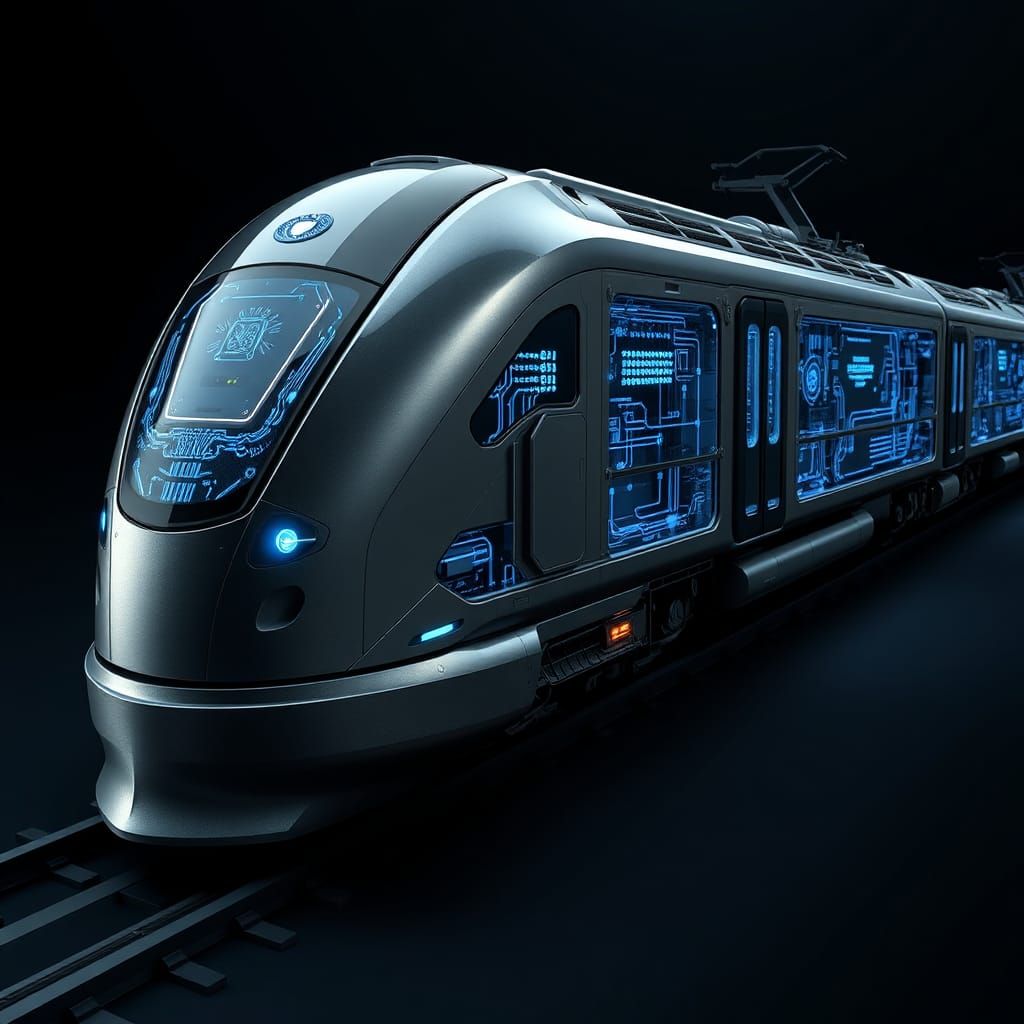 Futuristic Train with Glowing Circuitry in Hyperrealism Styl...
