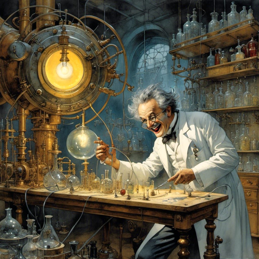 Sinister Mad Scientist in Watercolor Laboratory