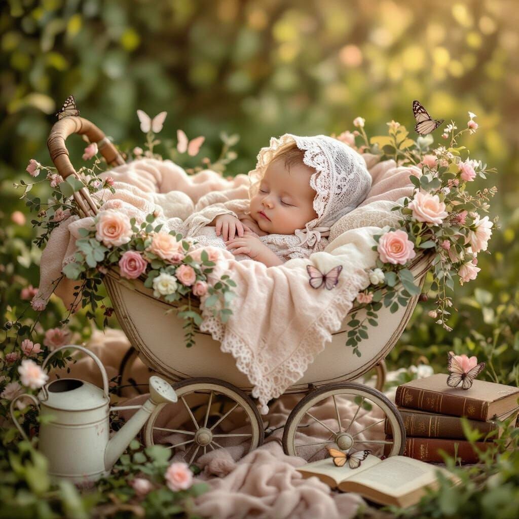 Whimsical Newborn Portrait in Vintage Garden Style
